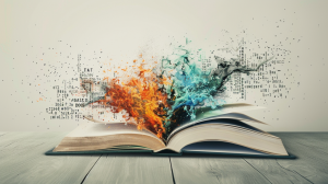 An open book with vibrant splashes of orange and blue ink bursting from its pages, symbolizing the clash between two SAT Reading Strategies — the holistic and the reductionist approaches — representing creativity, logic, and the art of comprehension.