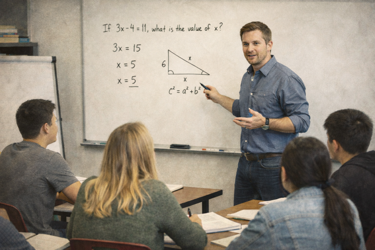 Male instructor mid-explanation at a whiteboard, engaging a small group of high school students in an SAT or ACT test preparation lesson.